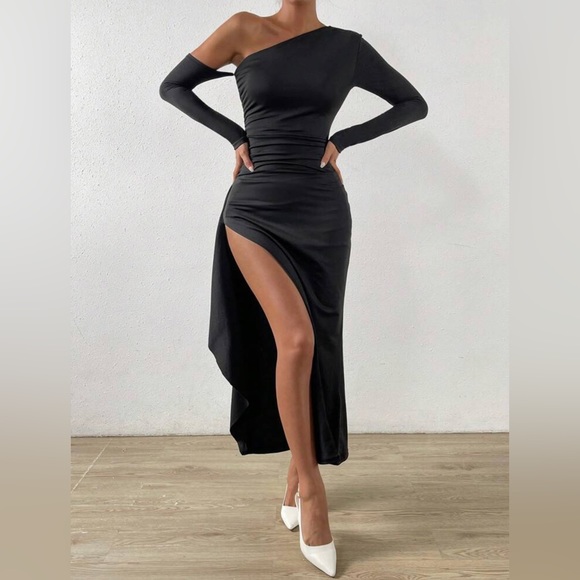 Black Asymmetrical Neck Dress with Leg Slit - Picture 6 of 8